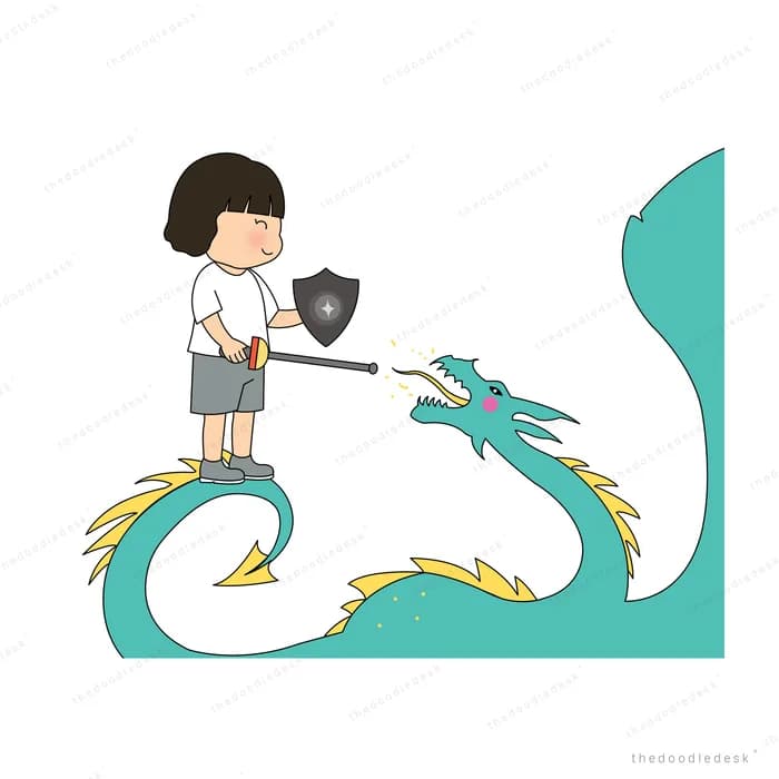 Girl holding a black shield and a sword standing among scattered yellow feathers beside a teal banner