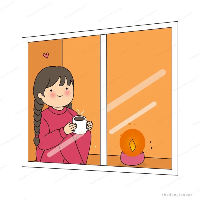 Girl in red sitting at a sunlit window holding a mug beside a lit candle