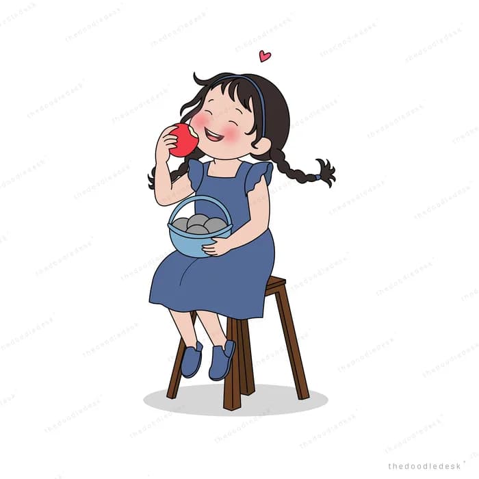 Girl perched on a wooden stool eating a red berry from a blue bowl in her lap