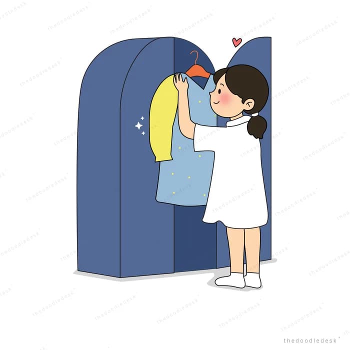 Girl reaching into a blue wardrobe to pick out a hanging outfit
