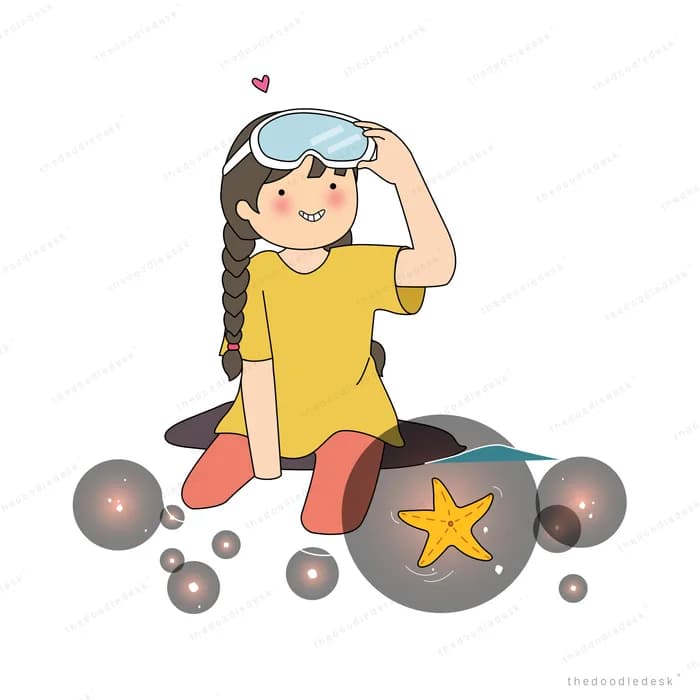 Girl in a yellow dress with swimming goggles sitting among grey bubbles beside a starfish