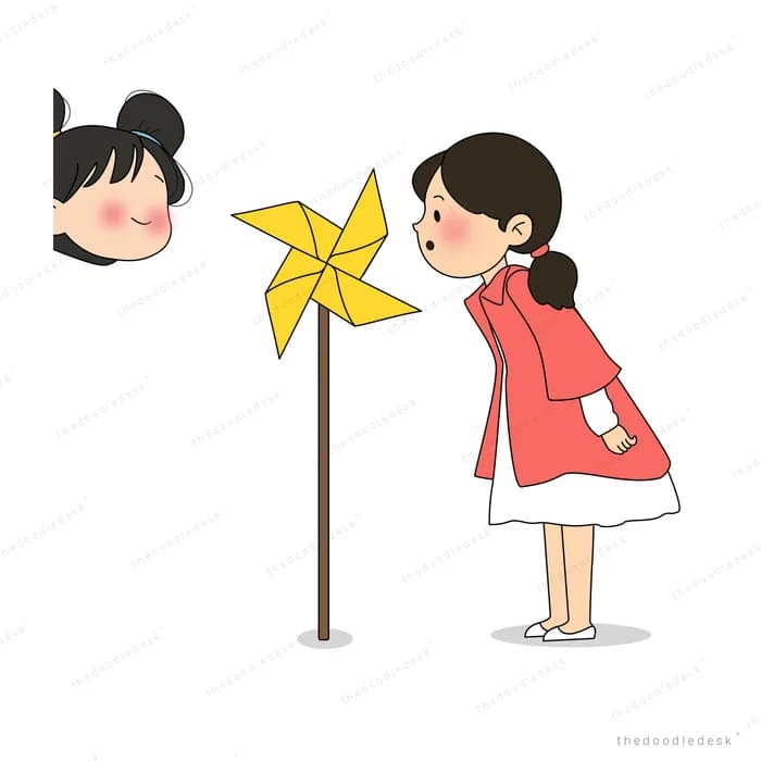 Girl in a red coat blowing a yellow pinwheel while another girl peeks in from the side