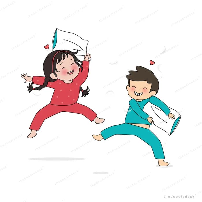 Two children in pyjamas swinging pillows at each other as feathers fly
