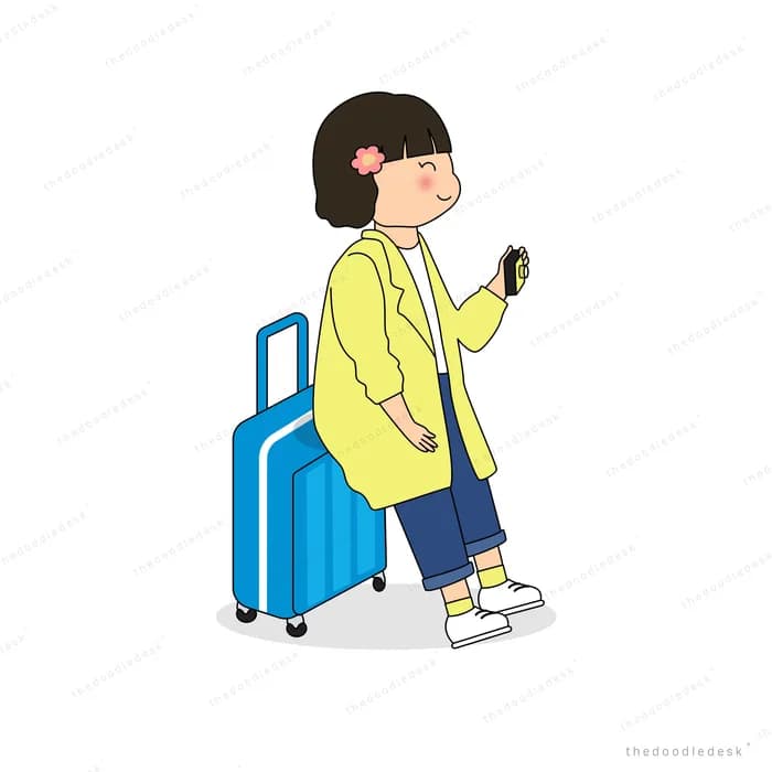 Girl in a yellow jacket and beanie pulling a blue rolling suitcase behind her