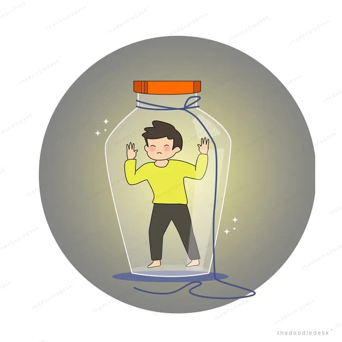 Boy in a yellow t-shirt flexing his arms while trapped inside a corked glass bottle