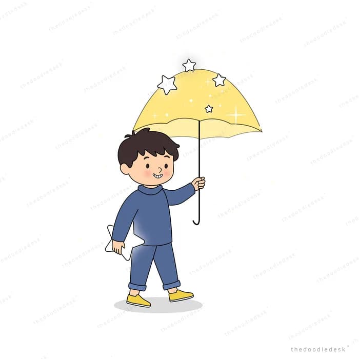 Boy in blue walking while holding up a yellow umbrella patterned with stars