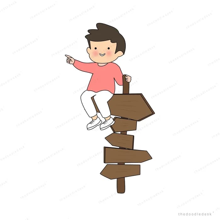 Boy in a red cape perched on a wooden signpost pointing the way ahead