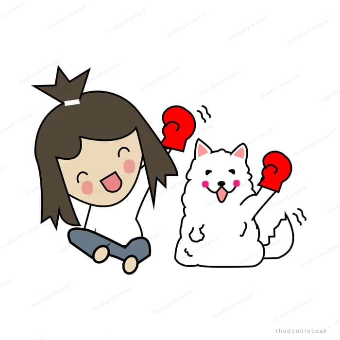 Girl beside a large white cat, both holding small red flags