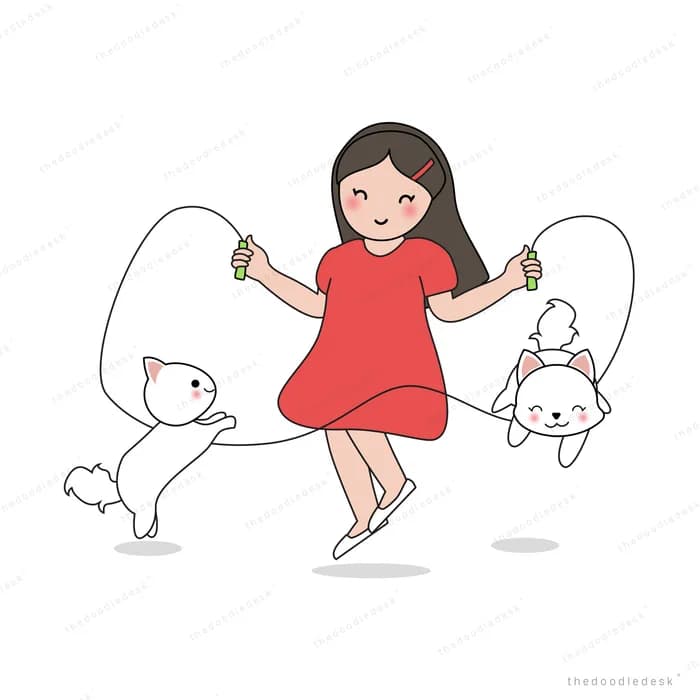 Girl in a red dress skipping rope with cats around her