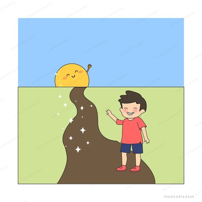 Boy waving at a giant snail on a green and blue panel