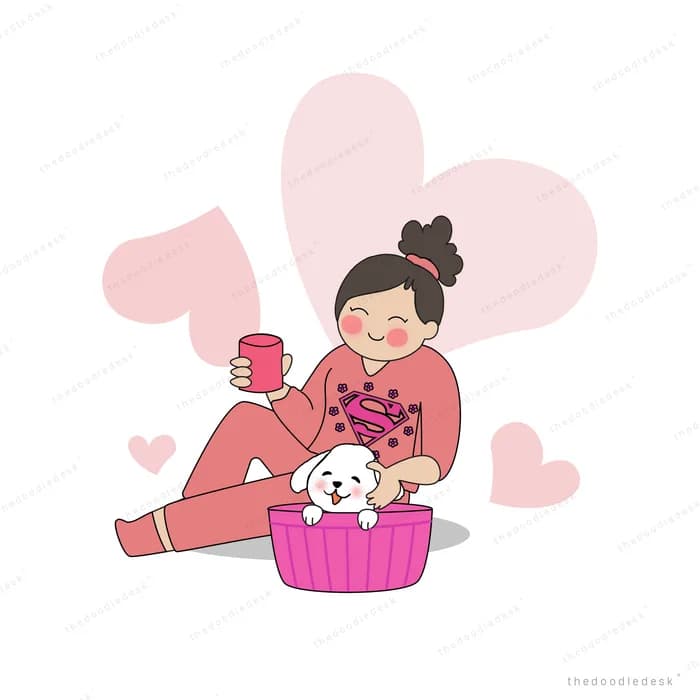 Woman in pink with a mug beside a dog in a basket
