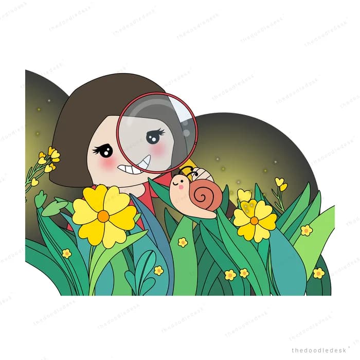 Girl with a magnifying glass examining a snail among daffodils