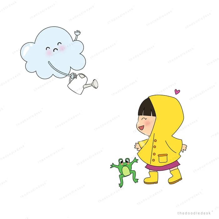 Child in a yellow raincoat greeting a frog under a rain cloud