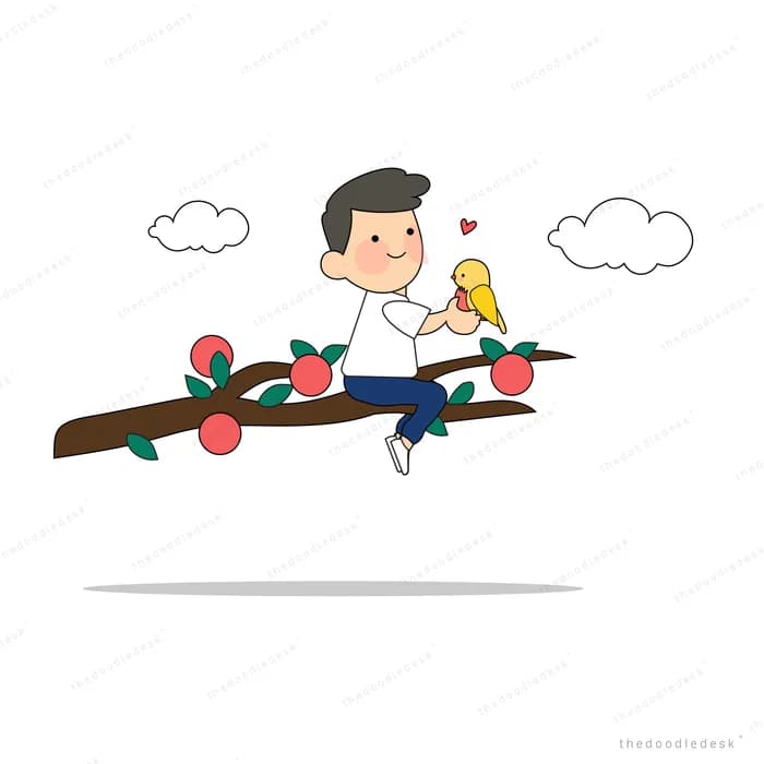 Boy lying along a cherry branch feeding a bird