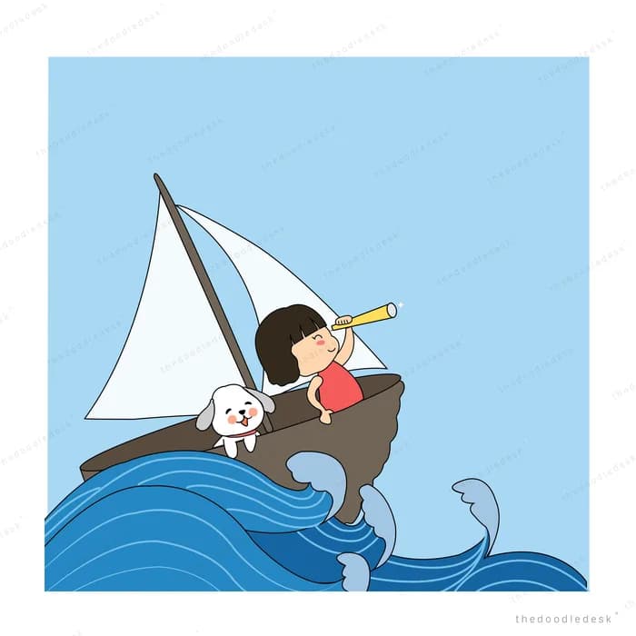 Child with a telescope and dog on a sailboat at sea