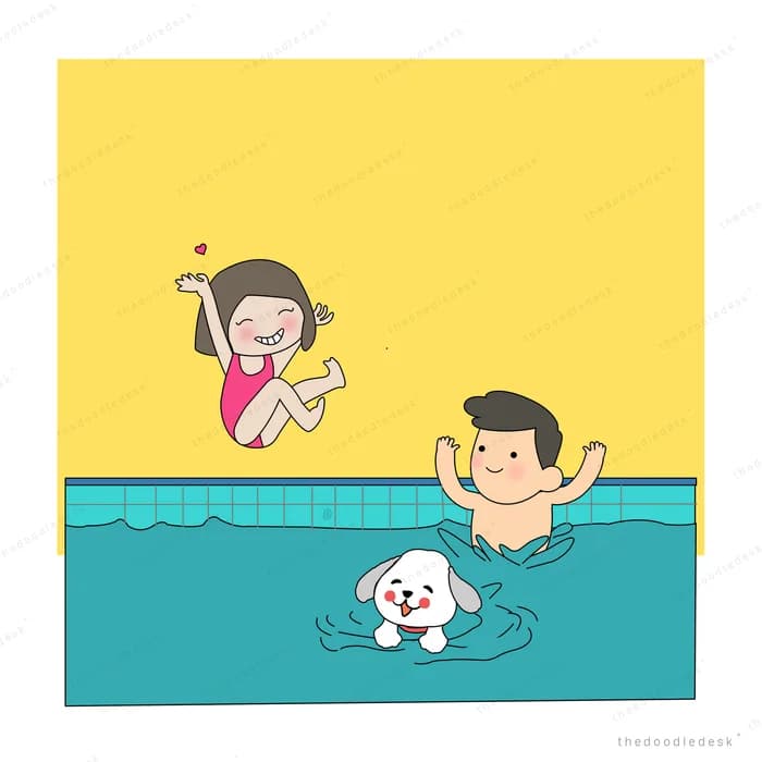 Children and a dog swimming in a pool under yellow sky