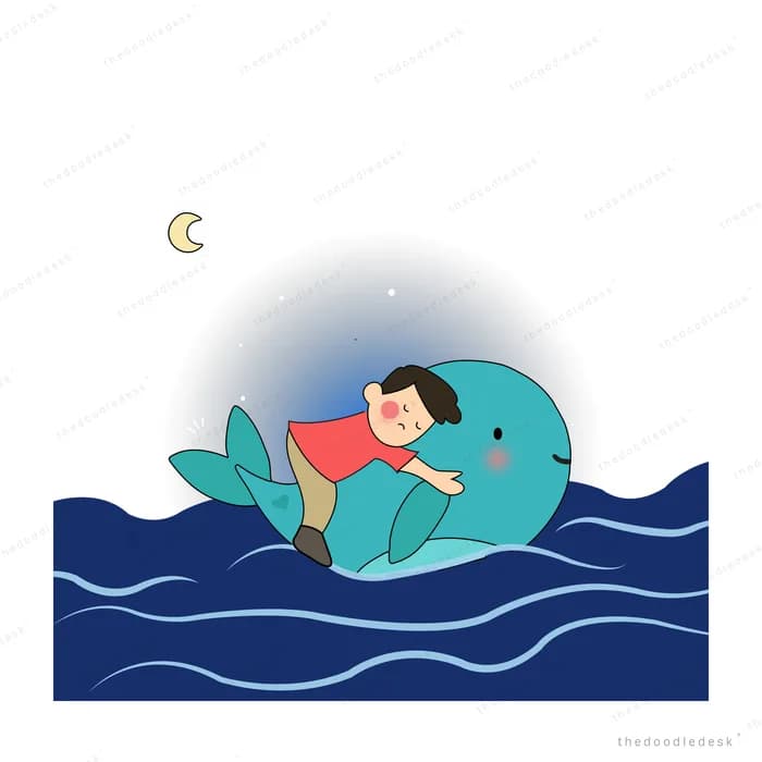Child riding a whale across night waves