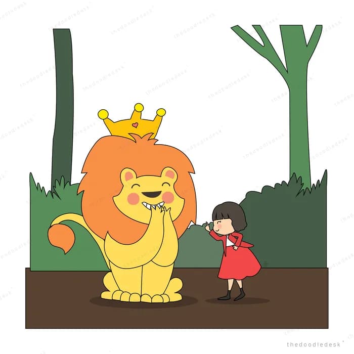 Crowned lion sitting beside a small girl in a forest