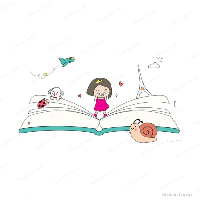 Girl sitting on an open book with a snail and birds