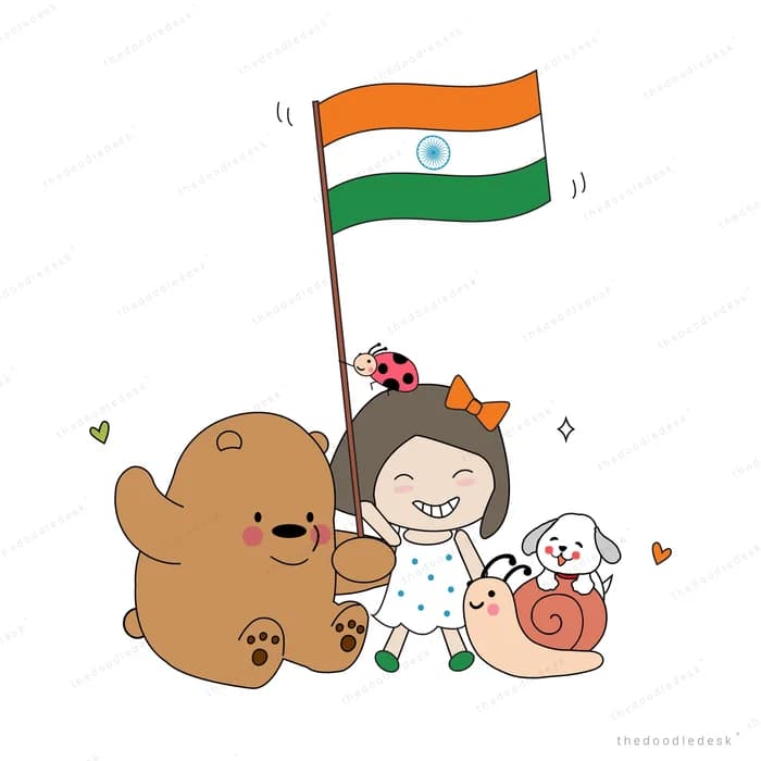 Bear and children gathered around an Indian flag