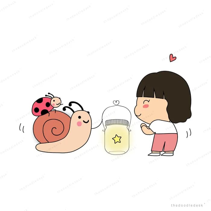 Girl offering a drink to a snail across a small table
