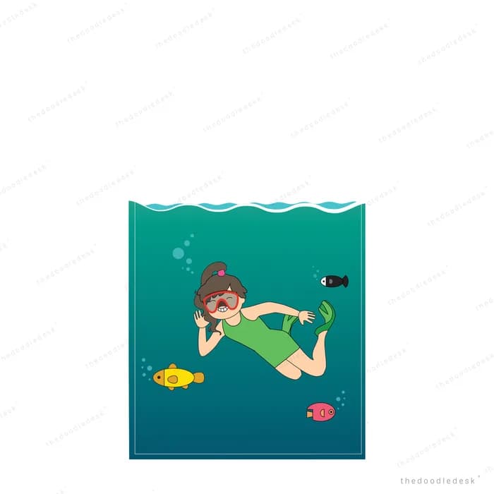 Girl swimming underwater inside a tall glass with a fish