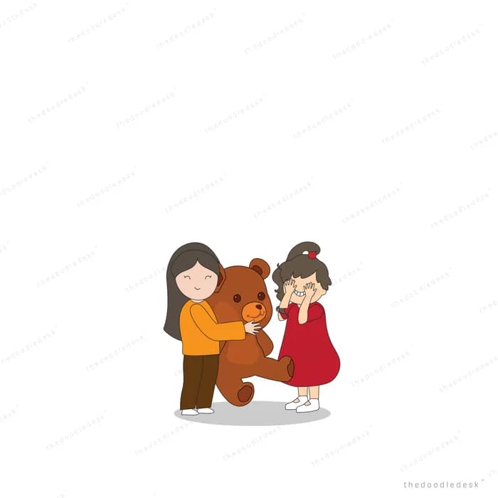 Family standing together with a teddy bear