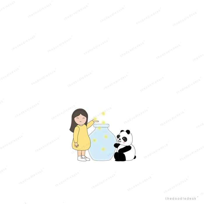 Girl beside a panda and a tall glass of water