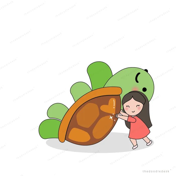 Girl leaning against a giant turtle among bushes
