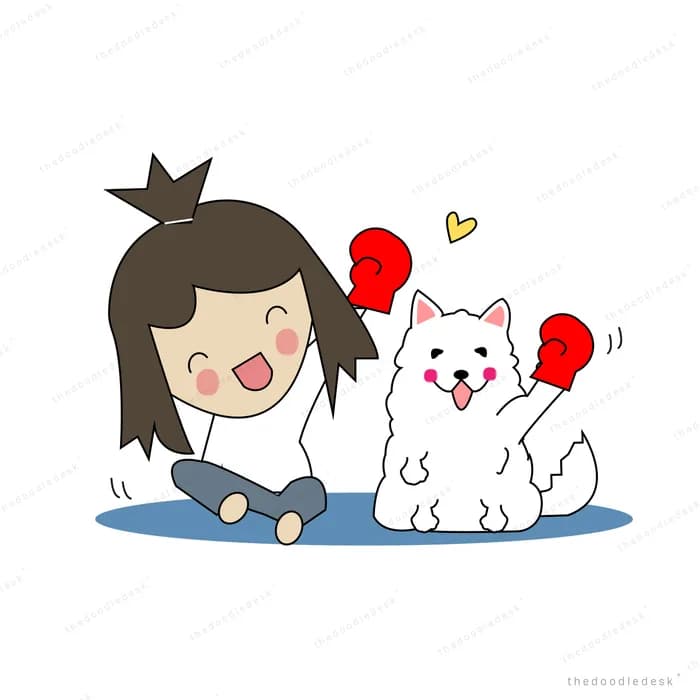 Girl and cat in boxing gloves lying side by side