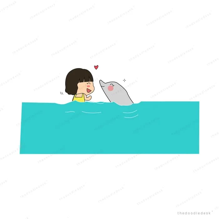 Girl reaching toward a dolphin over a teal water band