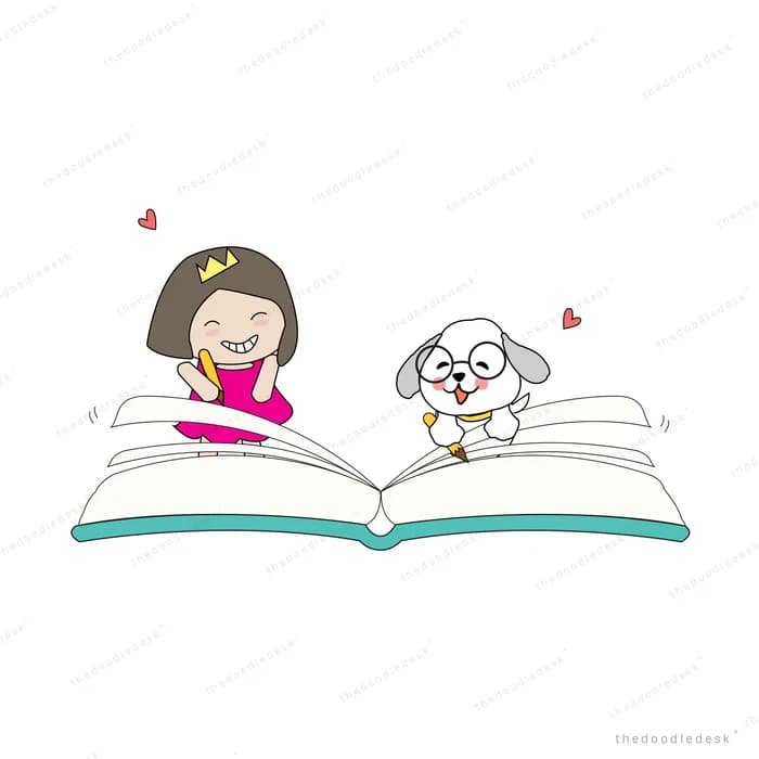 Girl and dog lying on a giant open book