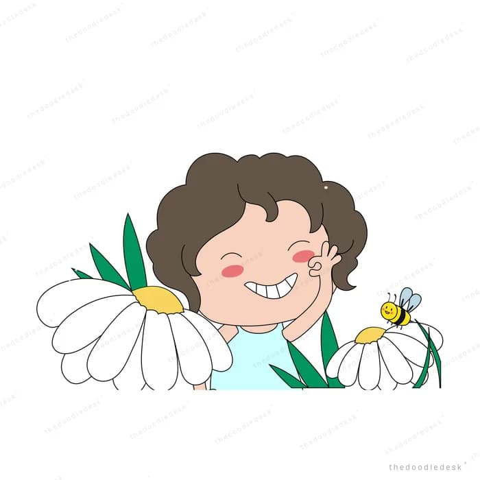 Smiling woman among large white daisies with a bee
