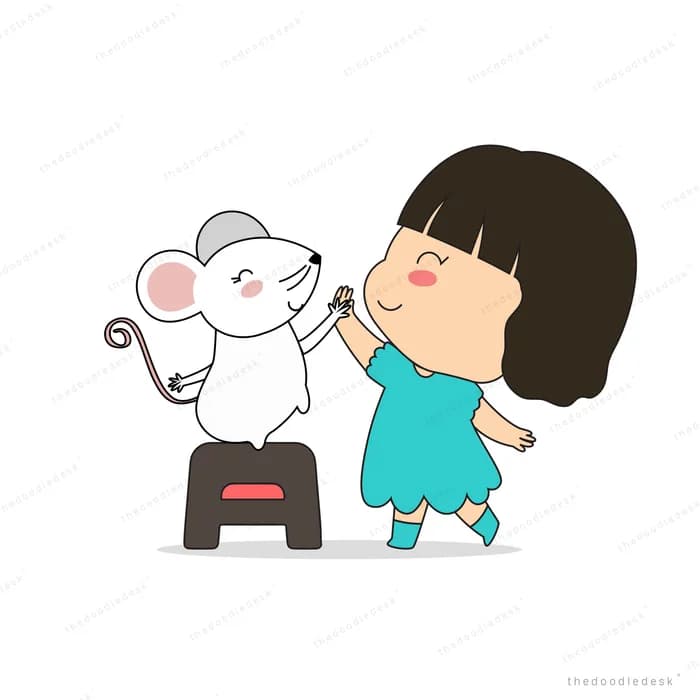 Girl greeting a mouse riding a small scooter