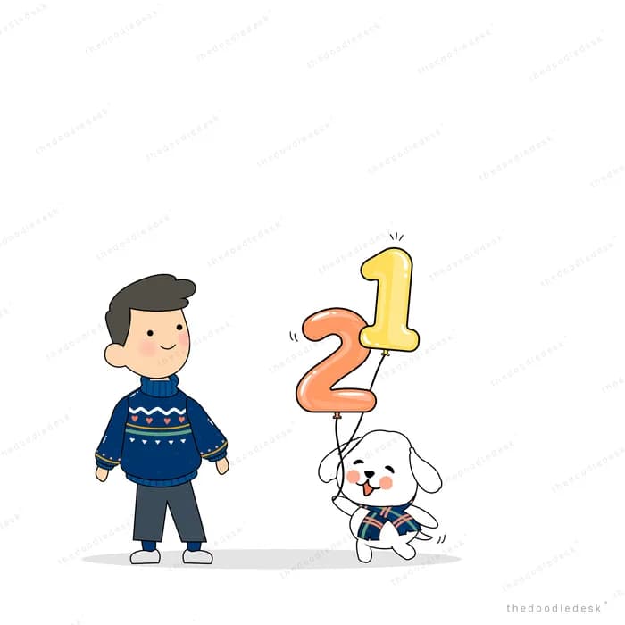 Man and dog beside number balloons reading 21