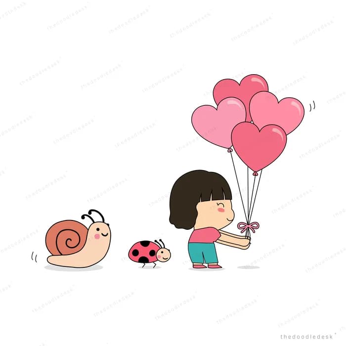 Girl carrying heart balloons toward a snail and ladybug