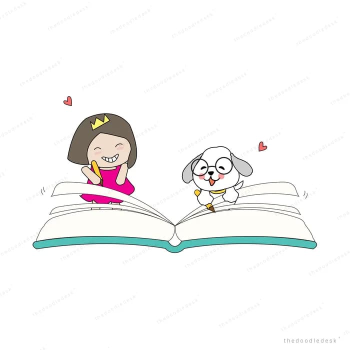 Girl and dog lying on a giant open book