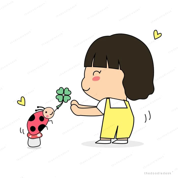 Girl bending to greet a ladybug on a tiny plant