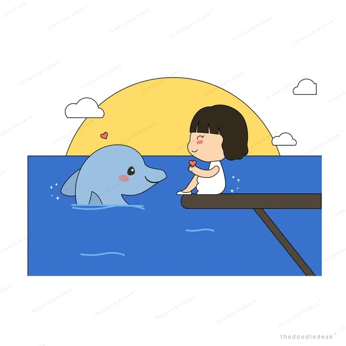 Girl on a pier greeting a dolphin at sunset