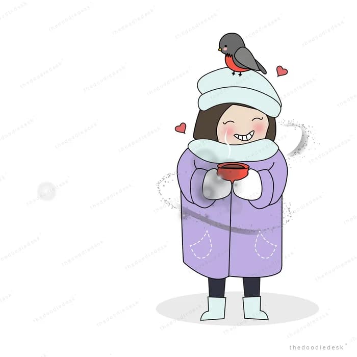 Girl in winter clothes holding a mug with a bird on her hood