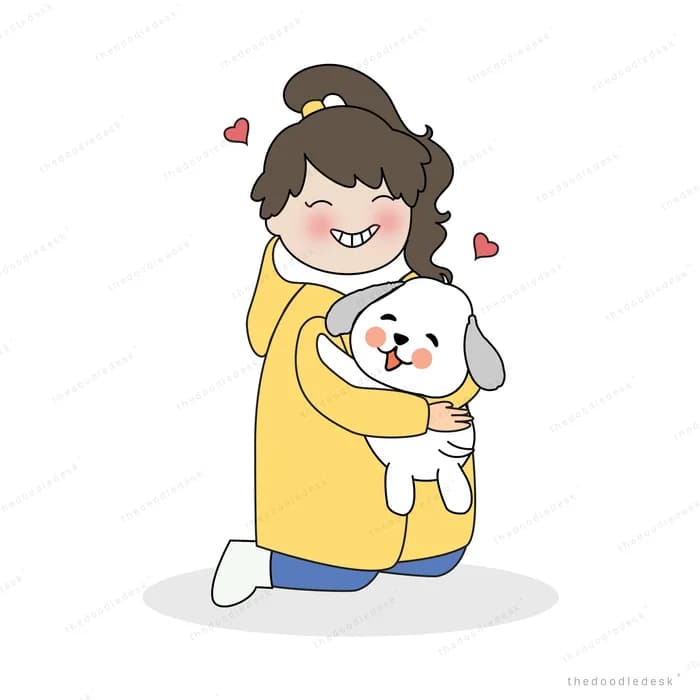 Girl kneeling and cradling her dog with hearts