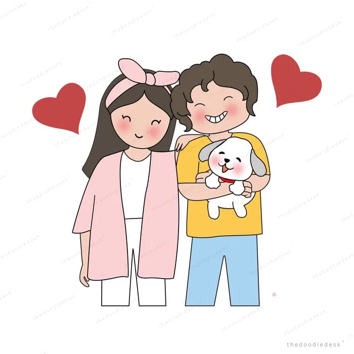 Family posing together with their dog and hearts