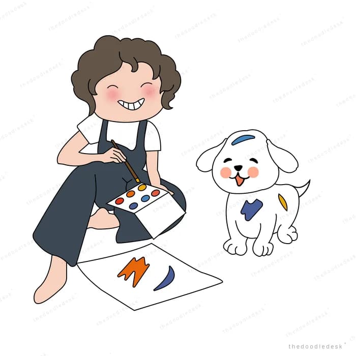 Woman sketching on a large sheet with her dog watching
