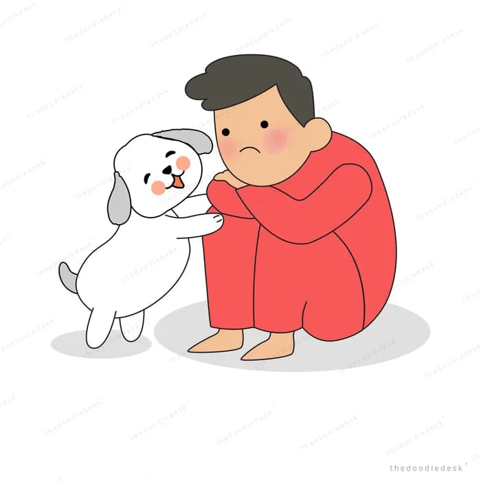 Man in red sitting on the floor petting his dog