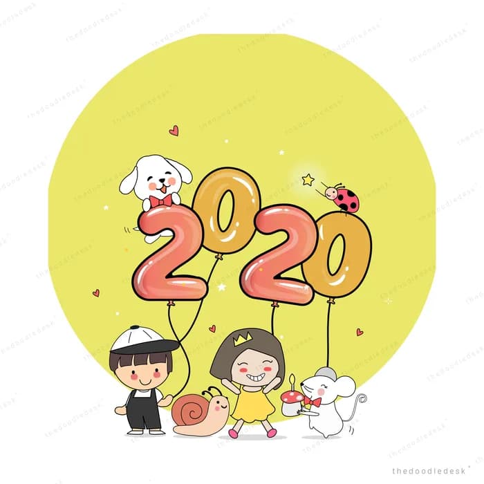 Children and a dog beneath 2020 number balloons