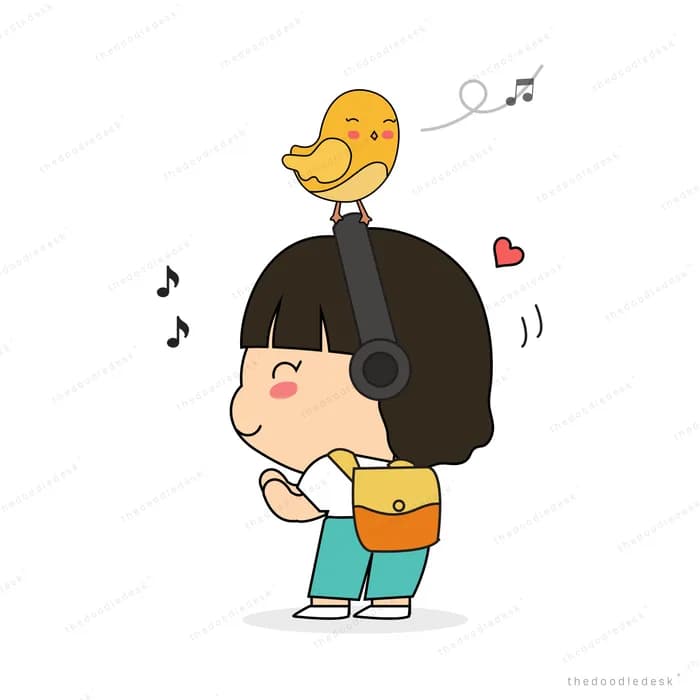 Girl listening to a singing bird with music notes