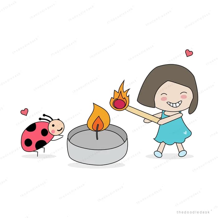 Girl lighting a candle in a small dish with a ladybug