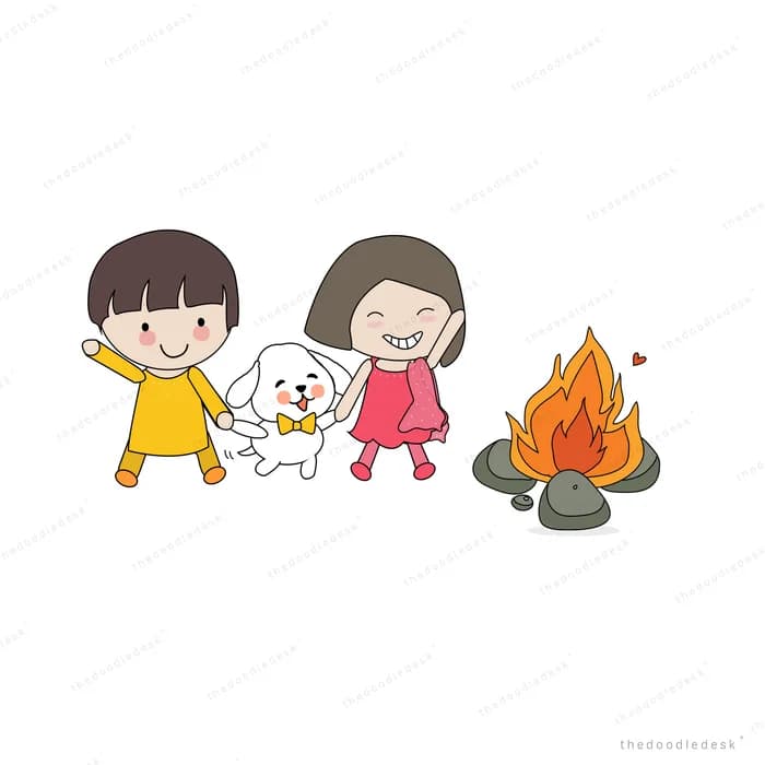 Children and a dog gathered around a campfire