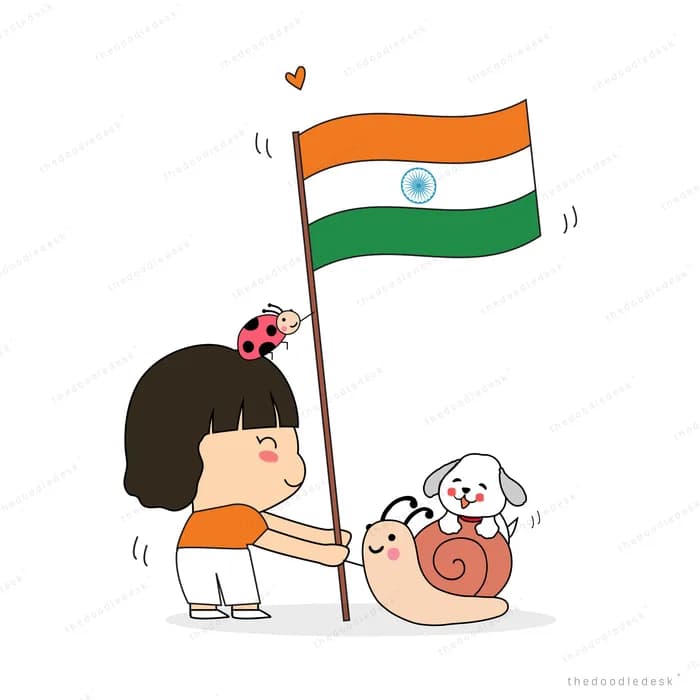 Girl carrying the Indian flag with a dog and snail