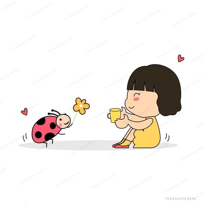 Girl in yellow reaching toward flying ladybugs